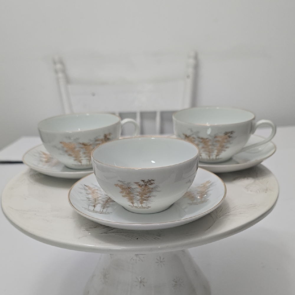 Vintage Fukagawa Arita Gold Set Of 3 Handpainted Bamboo Porcelain Cups Saucers